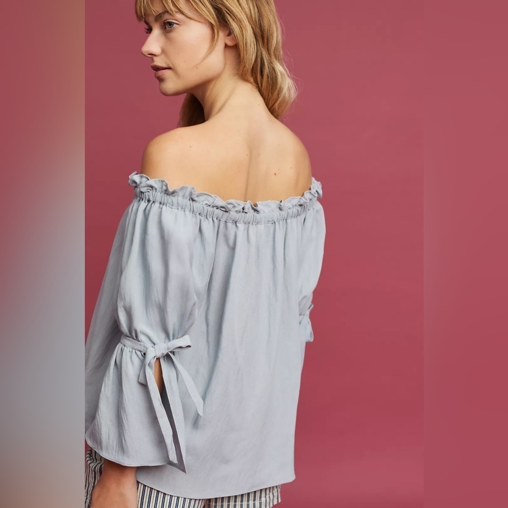 NWT XL Anthropologie Maeve Aden Off the shoulder top hazy blue Easy Vacay Cruise - Picture 3 of 7